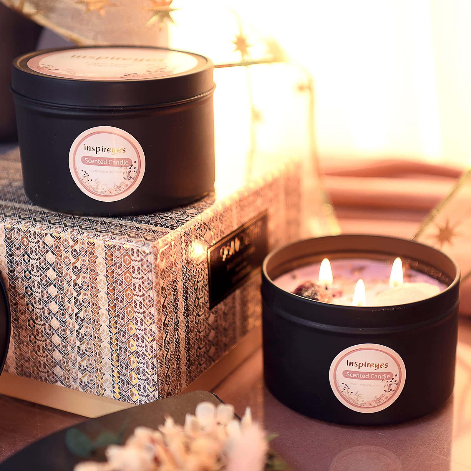 Inspireyes Scented Candle Set with Crystal, 19 oz 3 Wick Candle, Manifestation Candle with Large Energy Stones, Large Tin of Soy